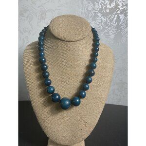 Vintage Blue Beaded Necklace With Graduated Beads & Metal Clasp